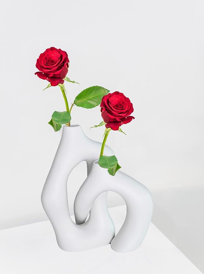 White Ceramic Vase Set of 2 for Modern Nordic Vases Irregular Artistic Vase Minimalism Style Flower Vases for Living Room Office Bedroom Wedding Table Centerpiece Entryway (2PCS)
