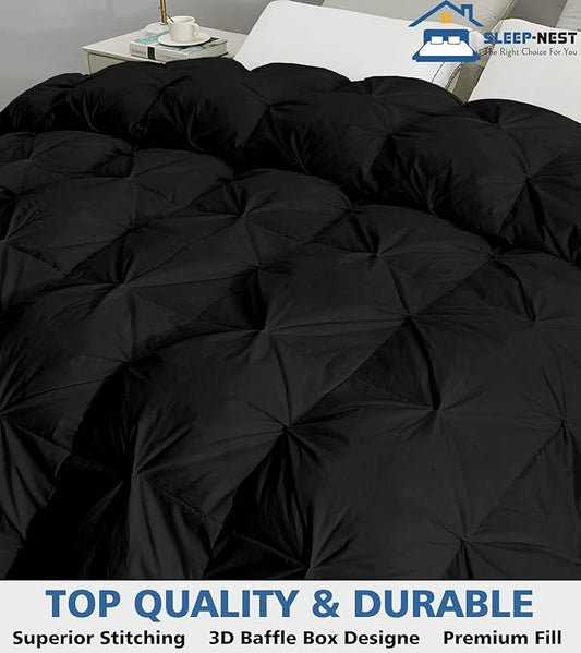 SLEEP-NEST Twin XL Comforter - 68x92 Ultra Soft All-Season Pinch Pleat 1 Piece Blanket - Elegant Pintuck Design Down Alternative Quilt - Lightweight, Cooling Dorm Bedding with 8 Tabs - Black