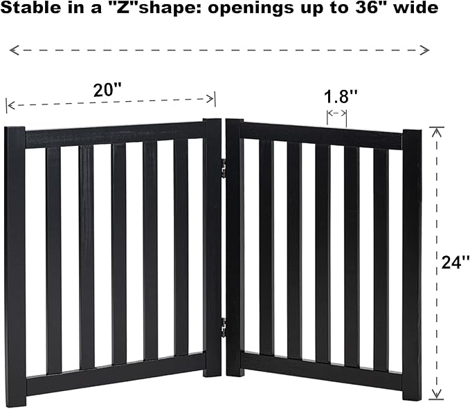 LZRS 2-Panel Wooden Free Standing Foldable Dog Gate – Solid Hardwood 24" High, Step-Over Safety Pet Gate for Doorways, Stairs & Small Spaces - Indoor Use, Black