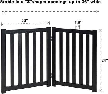 LZRS 2-Panel Wooden Free Standing Foldable Dog Gate – Solid Hardwood 24" High, Step-Over Safety Pet Gate for Doorways, Stairs & Small Spaces - Indoor Use, Black