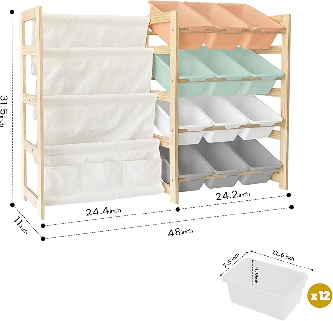 Toy Storage Organizer with Bookshelf - 12 Storage Bins 4-Tier Multipurpose Shelf to Organize Toys and Books for Kids Room, Playroom, Nursery Room, Multi-Color