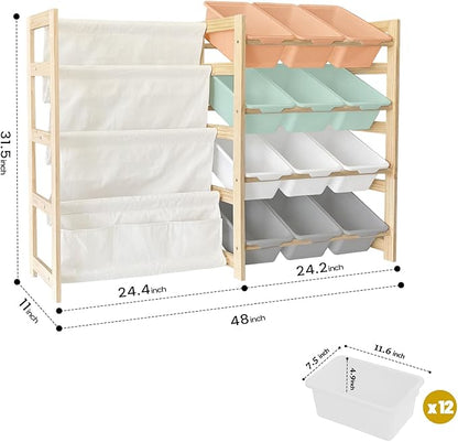 Toy Storage Organizer with Bookshelf - 12 Storage Bins 4-Tier Multipurpose Shelf to Organize Toys and Books for Kids Room, Playroom, Nursery Room, Multi-Color