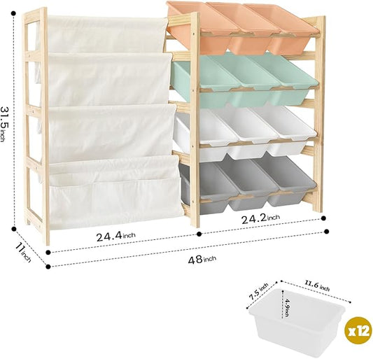 Toy Storage Organizer with Bookshelf - 12 Storage Bins 4-Tier Multipurpose Shelf to Organize Toys and Books for Kids Room, Playroom, Nursery Room, Multi-Color