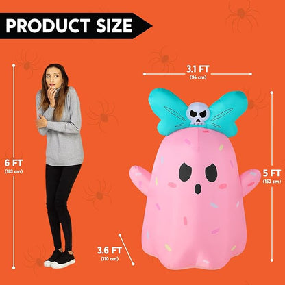 Joiedomi 5ft Tall Halloween Inflatable Ghost Outdoor Decorations, Cute Pink Ghost Blow Up Yard Decorations with Bowknot and LED Light for Halloween Decor, Garden Lawn Indoor Outdoor Party Decor