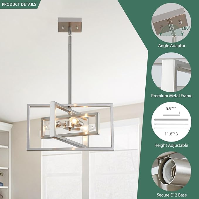 Modern Brushed Nickel Chandelier 3-Light Geometric Ceiling Light Fixture 16" Adjustable Height Pendant for Foyer, Entryway, Dining Room