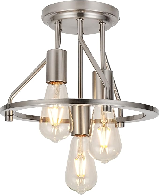 WILON Brushed Nickel Semi Flush Mount Ceiling Light - 3-Light Ceiling Light Fixtures Farmhouse Kitchen Light Industrial Hallway Light Fixtures E26 Socket Ceiling Lamp for Hallway Kitchen Foyer