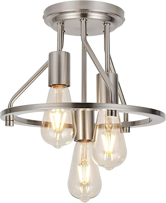 WILON Brushed Nickel Semi Flush Mount Ceiling Light - 3-Light Ceiling Light Fixtures Farmhouse Kitchen Light Industrial Hallway Light Fixtures E26 Socket Ceiling Lamp for Hallway Kitchen Foyer