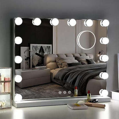 Kottova Vanity Mirror with Lights,23×18" Makeup Mirror,Hollywood Mirror with 15 LED,3 Color Modes & Detachable 10X Magnification Mirror,Slim Metal Frame Design,Smart Touch Control,Plug in