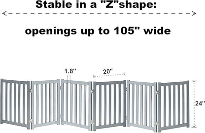 LZRS 6-Panel Extra-Wide Freestanding Wooden Dog Gate – 24”High Foldable Safety Pet Barrier for Doorways, Hallways, Kitchens, and Long Staircases, Durable Design fit Small to Medium Dogs, Grey