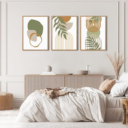 IARTTOP Sage Green Boho Wall Art Framed Abstract Bohemian Canvas Wall Art Mid Century Modern Wall Decor For Living Room Bedroom Office 12x16 Inch Set Of 3