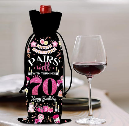 70th Birthday Gifts for Women Men Wine Bag, 70 Year Old Birthday Gifts for Woman Man, 70th Birthday Party Decorations Men for Women, Pairs Well with Turning 70 Wine Bags (Black Pink)