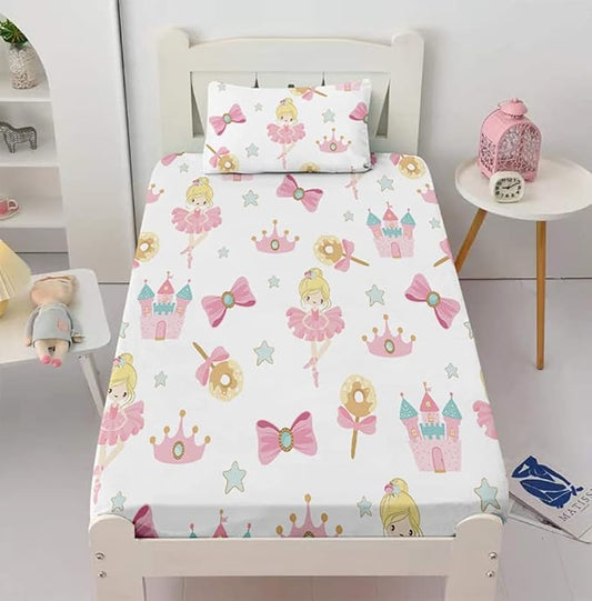 Dancing Princess Fitted Sheet Set Full for Kids Girls Teens Castle Crown Pattern Bed Sheet 2 Piece 3D Print Pink Dreaming Style Sheet Set