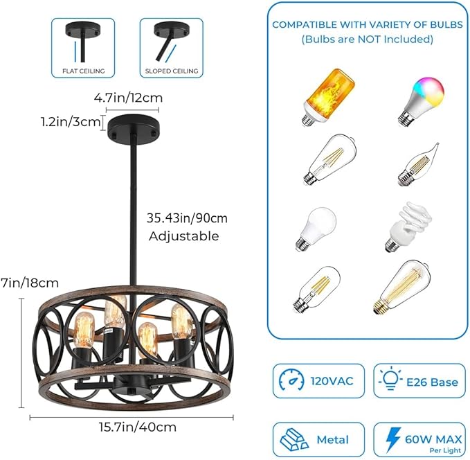 Light Fixtures Ceiling Mount,4-Lights Semi Flush Mount Ceiling Light Fixture,15.7" Black Dining Room Chandelier Rustic Drum Chandelier Pendant Light Fixture with Wood Grain Finish for Kitchen