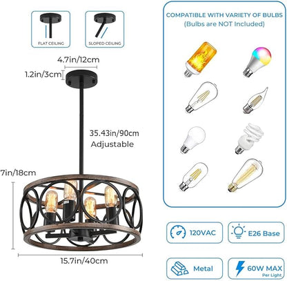 Light Fixtures Ceiling Mount,4-Lights Semi Flush Mount Ceiling Light Fixture,15.7" Black Dining Room Chandelier Rustic Drum Chandelier Pendant Light Fixture with Wood Grain Finish for Kitchen