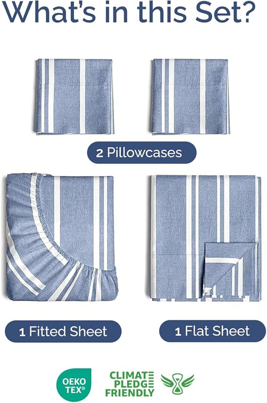 Extra Deep Twin XL Sheet Set - 4 Piece Breathable and Cooling Sheets - Hotel Luxury Bed Sheets Set - Easy Fit - Soft, Wrinkle Free and Comfy Sheets Set - Blue Striped Sheet Set with Extra Deep Pockets
