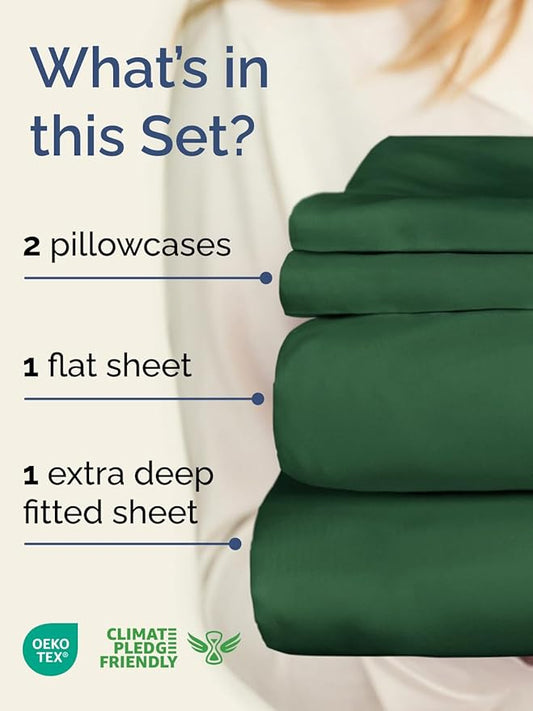 Extra Deep Twin Sheet Set - 4 Piece Breathable and Cooling Sheets - Hotel Luxury Bed Sheets Set - Easy Fit - Soft, Wrinkle Free and Comfy Sheets Set - Emerald Green Sheet Set with Extra Deep Pockets