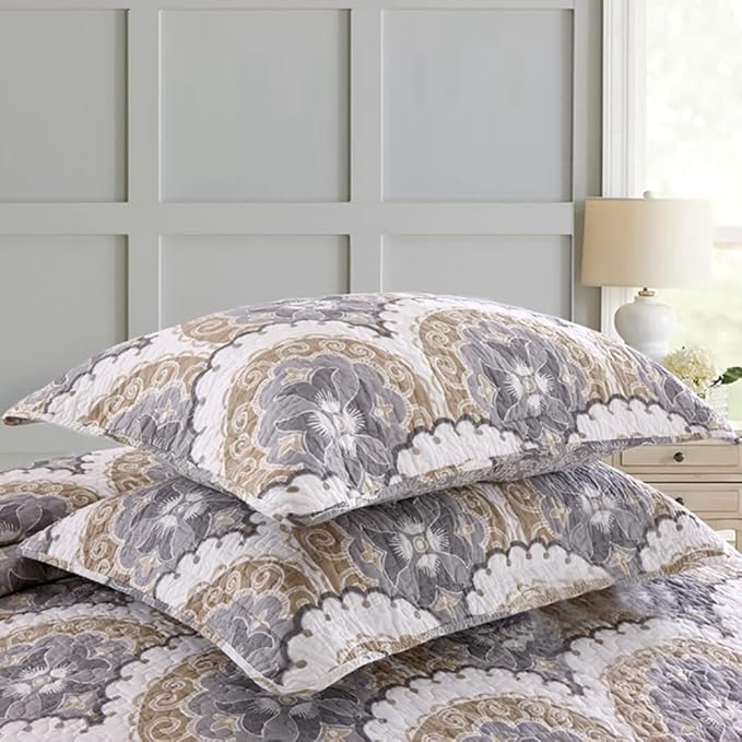 mixinni Mandala Bedspread Quilt Sets 100% Cotton 3-Piece Blue Grey Reversible Lightweight Coverlet Set with Shams for All-Season-(3pcs, Queen Size)