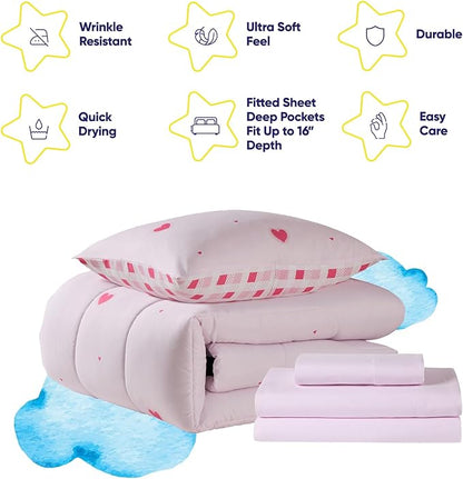 Heart Comforter Set Twin Size for Girls – Soft Pink Bed in a Bag with Sheets, Pillowcases & Shams – Cute Kids Bedding with Love Hearts Design – Cozy Microfiber for Child or Tween Bedroom Decor