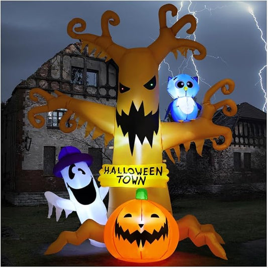 GOOSH 8 FT Halloween Inflatables Dead Tree Outdoor Decorations with Owl Ghosts and Pumpkins, Blow Up Yard Decorations with Built-in LED Lights for Outdoor Party Garden Lawn Decor