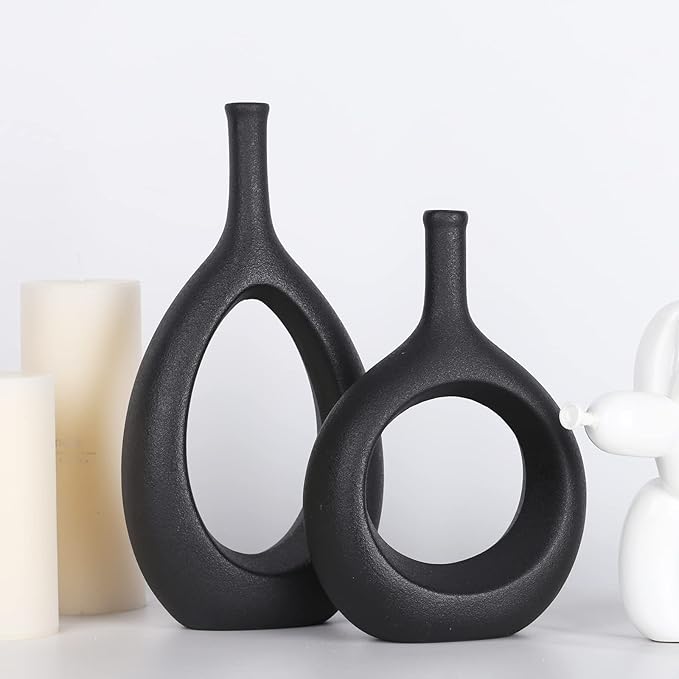 Black Ceramic Vase Set 2,Modern Hollow Circle with Hole Flower Vase for Home Decor,for Table Centerpieces,Farmhouse,Fire Place,Living Room,Bedroom,Office,Bookshelf,Rustic Decor