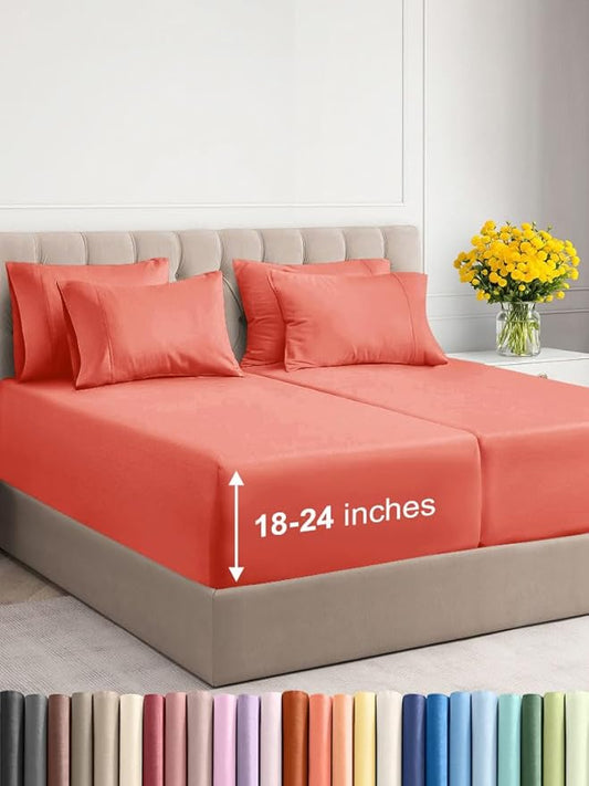 Extra Deep Split King Sheet Set - 7 Piece Breathable & Cooling Sheets - Hotel Luxury Bed Sheets Set - Easy & Secure Fit - Soft, Wrinkle Free & Comfy Sheets Set - Coral Sheet Set w/Extra Deep Pockets