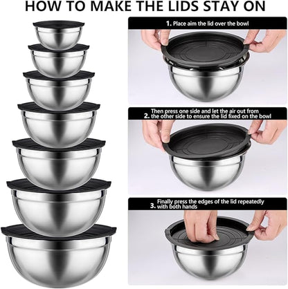 Mixing Bowls with Lids set - 26 PCS Stainless Steel Nesting Black Mixing Bowls Set for Baking, Mixing, Serving & Prepping, Size 5, 3.7, 2.8, 2.3, 1.7, 1.1, 0.7QT, 12 Cooking Utensils