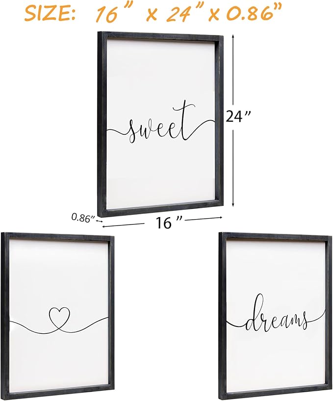 Set of 3 Sweet Dreams Sign Bedroom Wall Decor Above Wed Wall Sign Farmhouse Wall Decor for Home Bedroom And Living Room (Black, 16"x24")
