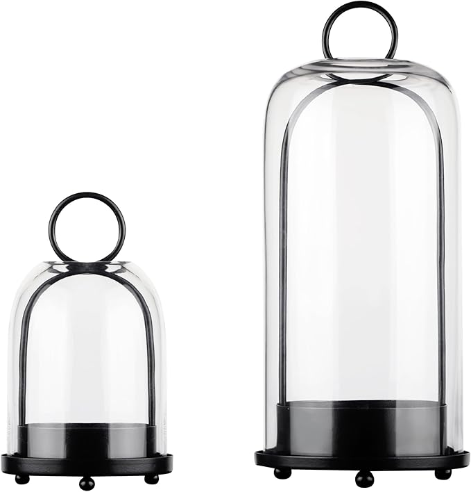 5" & 4" Wide Versatile Metal Candle Holder with Handmade Sturdy Glass Dome in Black for Pillar Candle & Plants, 5.1" xH11.8 4" xH7.5, Industrial, Farmhouse. Modern Style (2, Black, Large & Small)