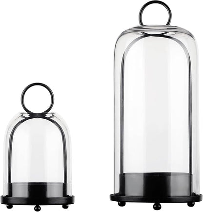 5" & 4" Wide Versatile Metal Candle Holder with Handmade Sturdy Glass Dome in Black for Pillar Candle & Plants, 5.1" xH11.8 4" xH7.5, Industrial, Farmhouse. Modern Style (2, Black, Large & Small)