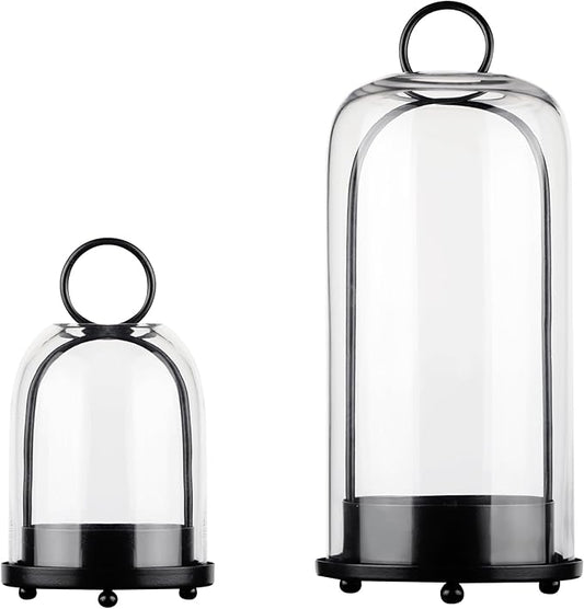 5" & 4" Wide Versatile Metal Candle Holder with Handmade Sturdy Glass Dome in Black for Pillar Candle & Plants, 5.1" xH11.8 4" xH7.5, Industrial, Farmhouse. Modern Style (2, Black, Large & Small)