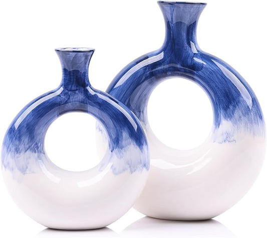 Ceramic Donut Vase Set of 2 - Blue and White Circle Decorative Vases for Home Decor, Centerpieces, Boho Pampas, Office, Wedding, Dinner Table, Living Room - Modern Flower Design