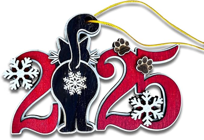 Black Cat 2025 Christmas Ornament – Funny Kitten Butt Wooden Tree Decoration with Snowflakes & Paw Prints for Cat Lovers, Pet Owner Christmas Décor