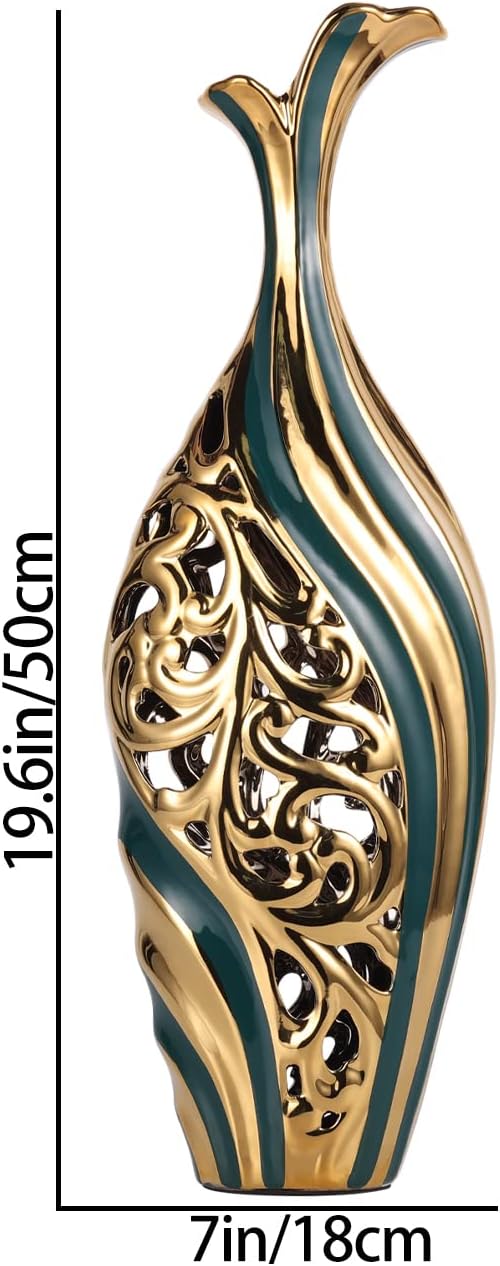 19 inch Tall Floor vase, Green and Gold Ceramic vase, Pottery Decorative vase, Unique Pampas Grass vase Suitable for Living Room Floor, Home Office, Porch Home Centerpiece Decorative Large vase