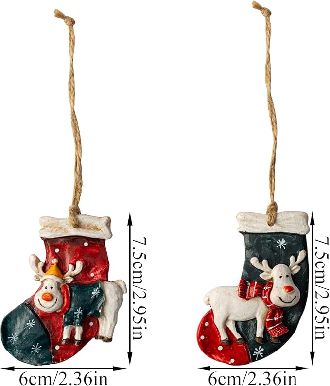 Resin Christmas Tree Ornaments 6-Pack Xmas Hanging Ornaments Santa Snowman Christmas Stocking Sleigh Ornaments for Holiday Decorations, Outdoor Holiday Home Decorations