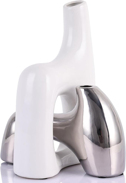 Intertwining Vase Set Snuggle Hollow Ceramic Vase Set of 2 White and Silver Vase Modern Boho Home Decor for Neutral Minimalist Vase for Dining Room Table Centerpiece Dining Room,Wedding Table Deco