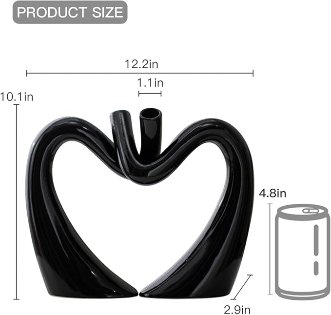 Black Hollow Ceramic Vases for Home Decor, Love Heart Snuggle Vase Set of 2, Modern Nordic Aesthetic Decorative Vase for Table Centerpiece Living Room Decoration (W 11.8" X H 9.8")