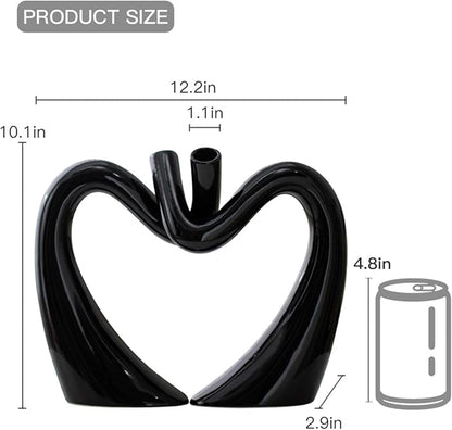Black Hollow Ceramic Vases for Home Decor, Love Heart Snuggle Vase Set of 2, Modern Nordic Aesthetic Decorative Vase for Table Centerpiece Living Room Decoration (W 11.8" X H 9.8")