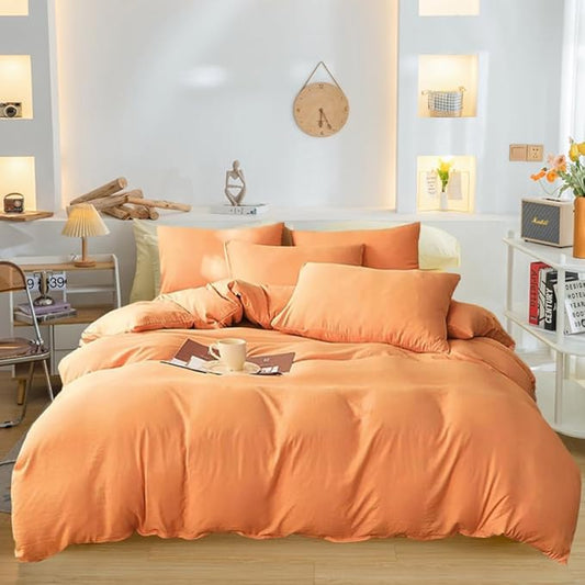 Wellboo Peach Comforter Sets Full Pink Orange Bedding Comforters Solid Grapefruit Color Bedding Cotton Women Girls Light Orange Quilts Modern Minimalist Peach Comforters Plain Coral Pink Bed Luxury
