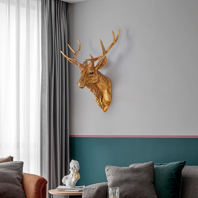 Bodun Deer Head Wall Mount Decor 14.5 inches Faux Deer Head Sculpture for Bar Background Wall Mount Home Living Room Wall Art Christmas Decoration Resin Antler Decor (Gold)