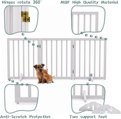 Freestanding Foldable Dog Gate for House - 3 Panels, 24'' Tall, White Wooden Pet Gate for Doorways and Stairs With 2 Support Feet