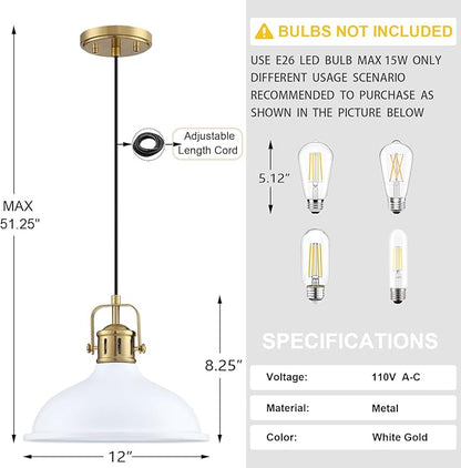 2 Pack 1 Light 12" Pendant Light Industrial Vintage Fixtures White Metal Chandelier Light Brushed Bronze Finish,Ceiling Lamp for Kitchen Home Island Dining Room Bedroom Farmhouse