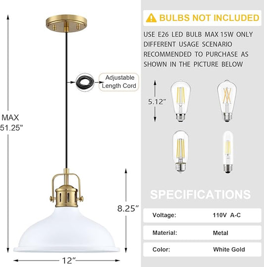 2 Pack 1 Light 12" Pendant Light Industrial Vintage Fixtures White Metal Chandelier Light Brushed Bronze Finish,Ceiling Lamp for Kitchen Home Island Dining Room Bedroom Farmhouse