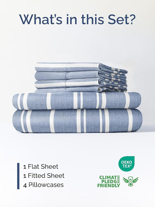 Extra Deep Cal King Sheet Set - 6 Piece Breathable & Cooling Sheets - Hotel Luxury Bed Sheets Set - Easy Fit - Soft, Wrinkle Free & Comfy Sheets Set - Blue Striped Sheet Set with Extra Deep Pockets