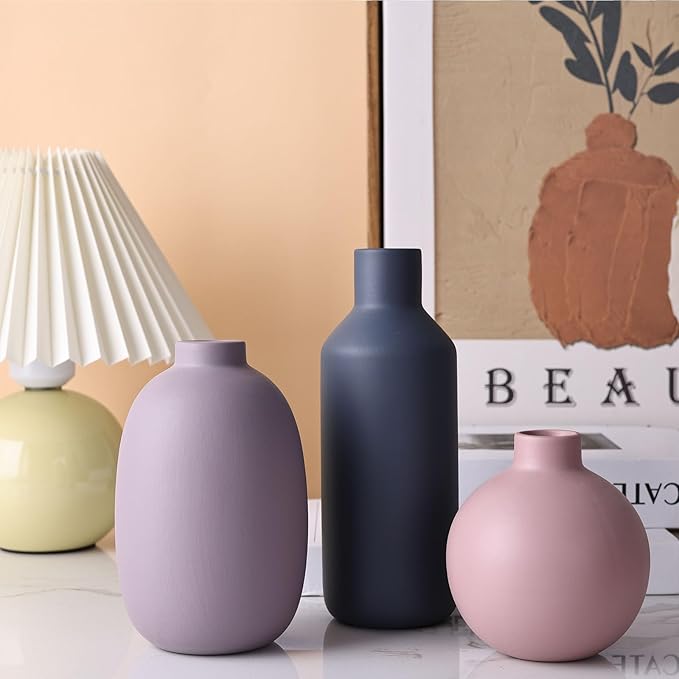 Small Ceramic Modern Farmhouse Vase,Purple Pink Blue Vase,Minimalist Vases Home Decor,Organic Modern Home Decor for Table,Living Room,Bookshelf,Entryway Drinking Fireplace Décor,Set of 3 (A)