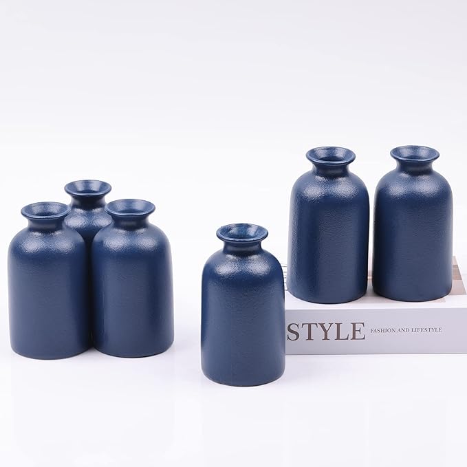 Blue Vase for Decor, Blue Ceramic Bud Vase Set of 6, Modern Boho Small Vases, Table Centerpieces for Dining Room, Home, Office, Shelf Decor