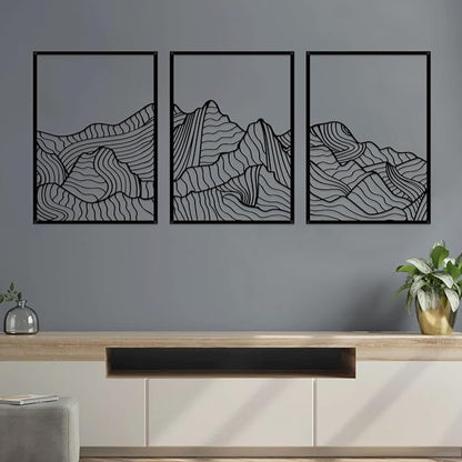 ruelen Wall Decor 3 Pcs Mountain Metal Wall Art, Mountain Line Abstract Minimalist Wall Art Rustic Nature Wall Decor Hanging Sculpture for Home Bedroom Bathroom Living Room (Black)