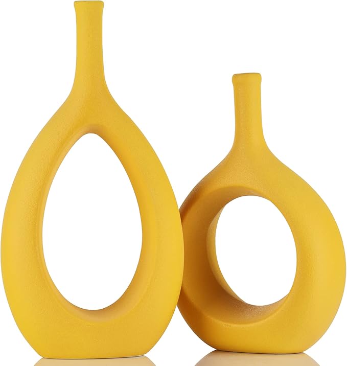Yellow Ceramic Vase Set 2,Modern Hollow Circle with Hole Flower Vase for Home Decor,for Table Centerpieces,Farmhouse,Fire Place,Living Room,Bedroom,Office,Bookshelf,Rustic Decor