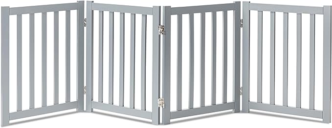 LZRS 4-Panel Wooden Free Standing Foldable Dog Gate – 24" High, Extra Wide Step-Over Safety Pet Gate for Doorways, Stairs, Hallways, Large Spaces & Playpen for Puppies Indoor Use, Grey