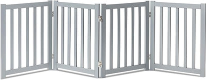 LZRS 4-Panel Wooden Free Standing Foldable Dog Gate – 24" High, Extra Wide Step-Over Safety Pet Gate for Doorways, Stairs, Hallways, Large Spaces & Playpen for Puppies Indoor Use, Grey