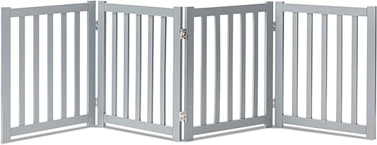LZRS 4-Panel Wooden Free Standing Foldable Dog Gate – 24" High, Extra Wide Step-Over Safety Pet Gate for Doorways, Stairs, Hallways, Large Spaces & Playpen for Puppies Indoor Use, Grey